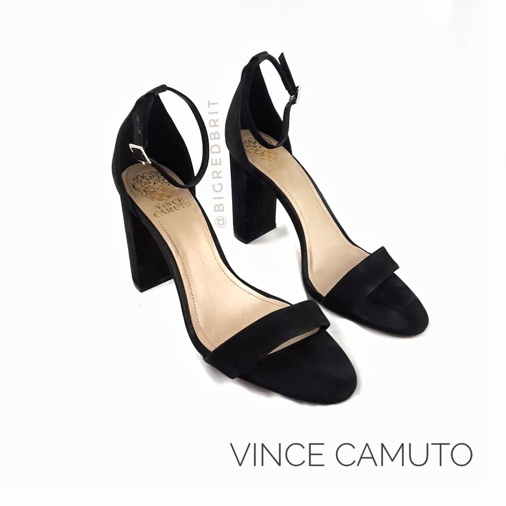 VINCE CAMUTO Black Suede Chunky 4" Heels Size 9 Ankle Strap Date Night Dressy